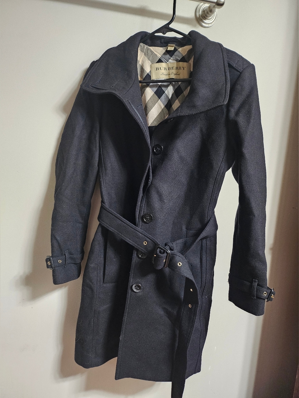Burberry Women’s  Black Long Trench Coat Belted Button Check Pattern